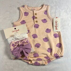 Cat & Jack Baby Girl Seashell Romper + Headband Set NWT